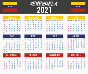 Venezuela Calendar with flag. Month, day, week. Simply flat design. Vector illustration background for desktop, business, reminder, planner