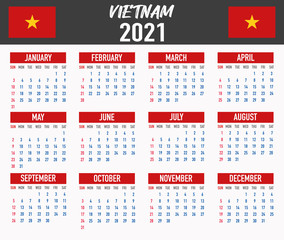 Vietnam Calendar with flag. Month, day, week. Simply flat design. Vector illustration background for desktop, business, reminder, planner