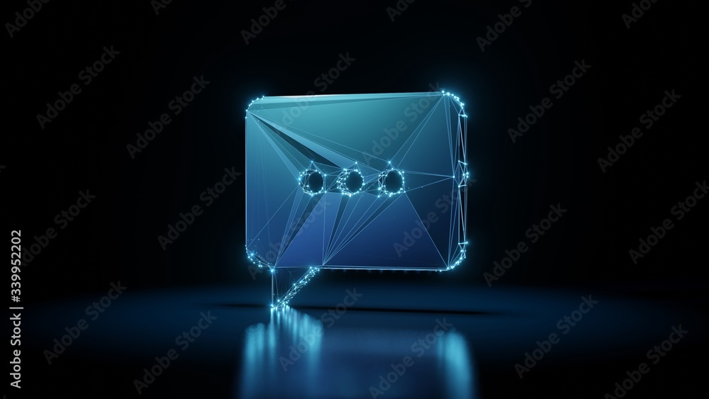 Poster 3d rendering wireframe neon glowing symbol of chat bubble on black background with reflection