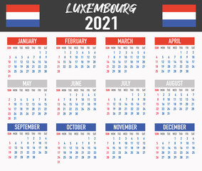 Luxembourg Calendar with flag. Month, day, week. Simply flat design. Vector illustration background for desktop, business, reminder, planner