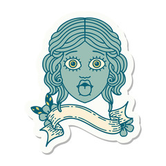 tattoo sticker with banner of female face sticking out tongue