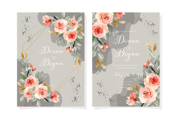 wedding invitation card with soft pink flower watercolor gray background