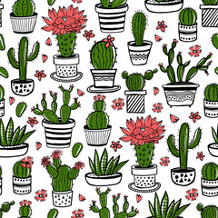 Cactus and succulent hand drawn seamless pattern in sketch style. Doodle colors flowers in pots. Vector colorful cute house interior plants.