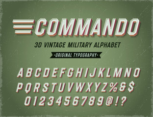 'Commando' Vintage Retro 3D Military Alphabet. Army Font. Original Athletic Department Typeface. Retro Typography. Vector Illustration.
