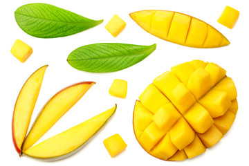 mango slices with green leaves isolated on white background. healthy food. top view