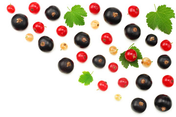 mix of red currant and black currant with green leaf isolated on a white background. healthy food. top view