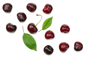 red cherry isolated on white background. Top view