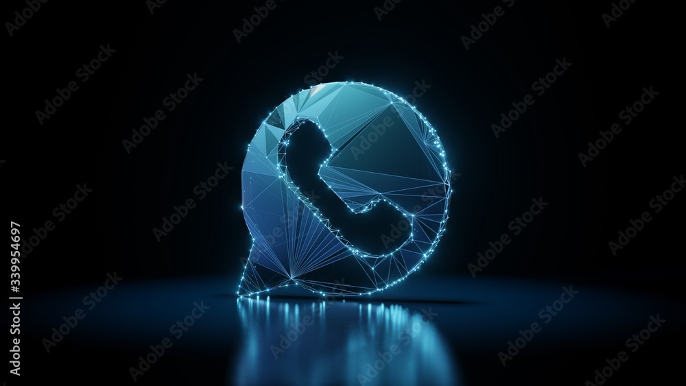 Poster 3d rendering wireframe neon glowing symbol of communication whatsapp on black background with reflec