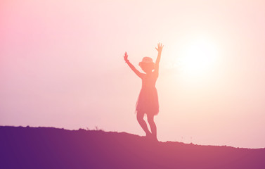 kid silhouette,Moments of the child's joy. On the Nature sunset