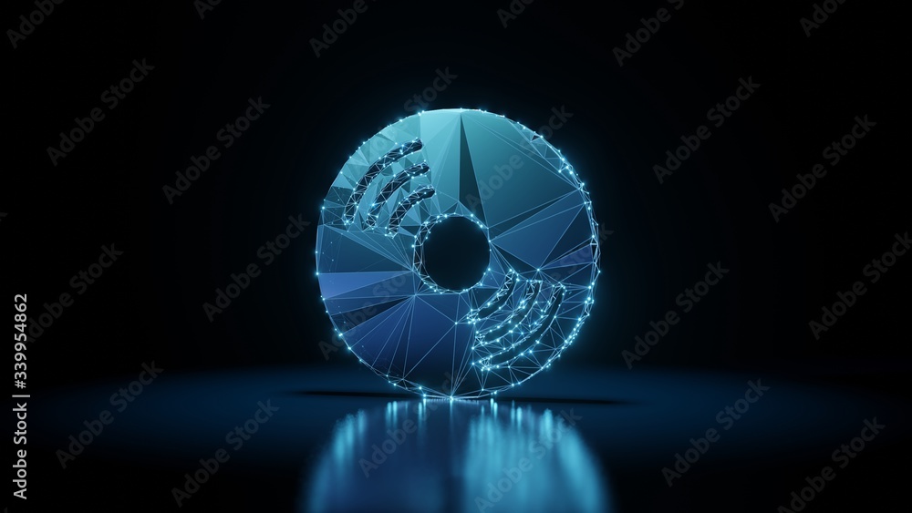 Poster 3d rendering wireframe neon glowing symbol of compact disc on black background with reflection