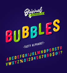 'Bubbles' Vintage Sans Serif Rounded Cartoon Alphabet. Colorful Retro Typography Font with Rich Colors. Child Style Typeface. Vector Illustration.