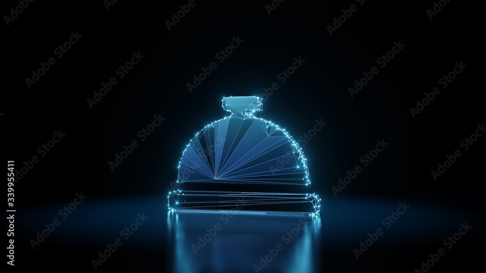 Poster 3d rendering wireframe neon glowing symbol of concierge bell on black background with reflection