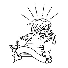 banner with black line work tattoo style assassin with knife