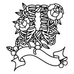 black linework tattoo with banner of a rib cage and flowers