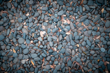 Stone pebbles mix dry leaves texture background