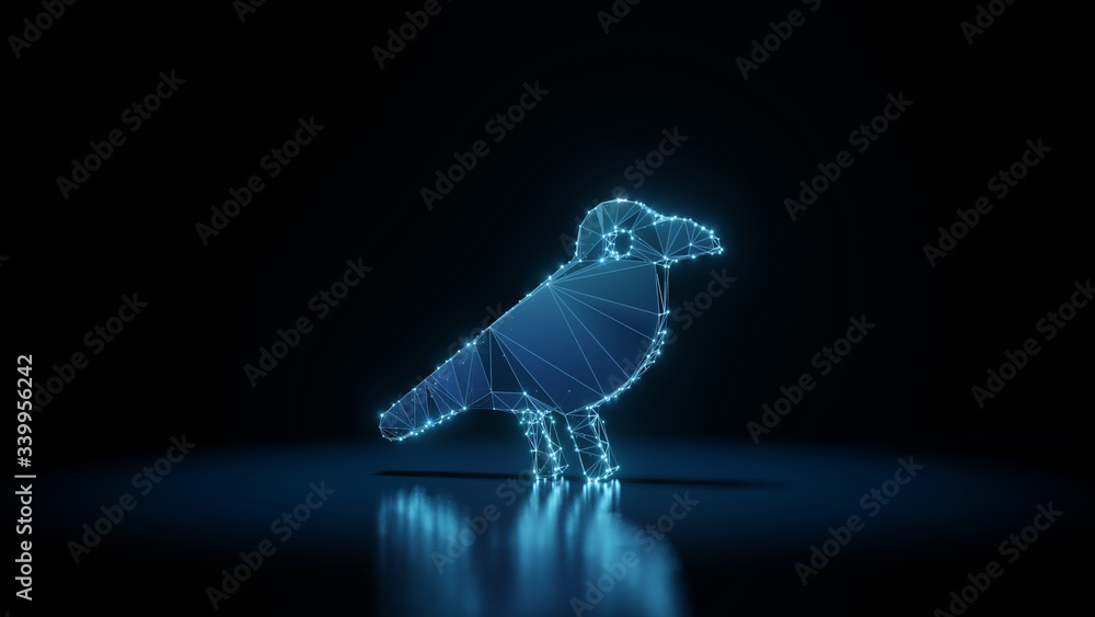 Poster 3d rendering wireframe neon glowing symbol of crow on black background with reflection