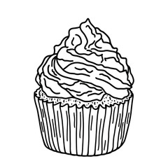 Appetizing single cupcake with cream decoration close-up. Black and white vector illustration of a cupcake with cream on a white background. Single hand drawn object for print, menu, postcards.

