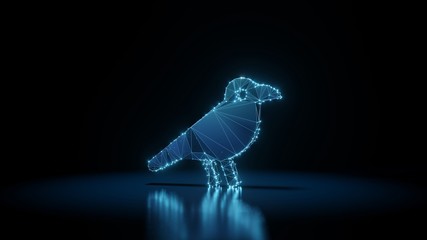 3d rendering wireframe neon glowing symbol of crow on black background with reflection