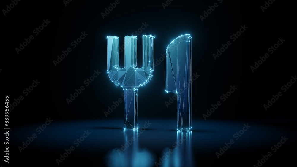 Poster 3d rendering wireframe neon glowing symbol of cutlery on black background with reflection