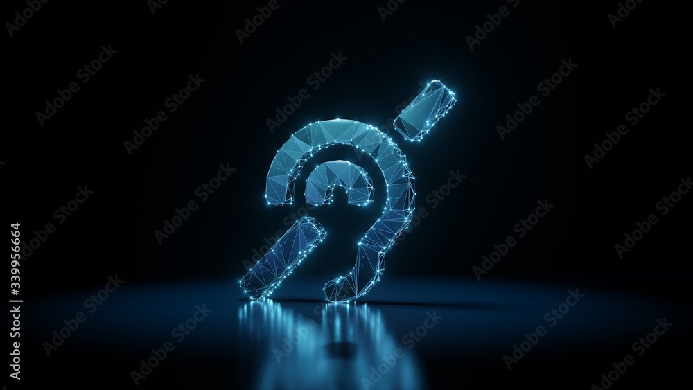 Poster 3d rendering wireframe neon glowing symbol of deaf on black background with reflection
