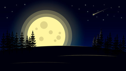 Deer silhouette on moon with falling star at starry night