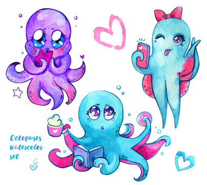 Octopus coffee smartphone donut book star bow girl big eyes kawaii children cute watercolor illustration set isolated