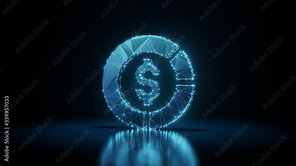 Poster 3d rendering wireframe neon glowing symbol of diagram on black background with reflection