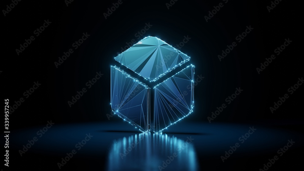 Poster 3d rendering wireframe neon glowing symbol of dice on black background with reflection