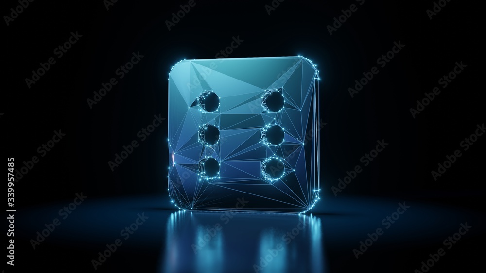 Poster 3d rendering wireframe neon glowing symbol of dice six on black background with reflection