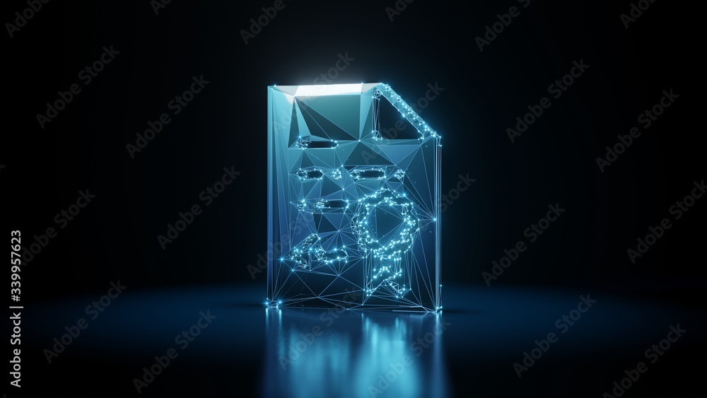 Poster 3d rendering wireframe neon glowing symbol of diploma on black background with reflection