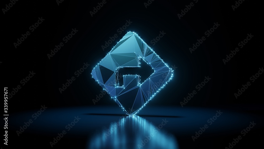 Poster 3d rendering wireframe neon glowing symbol of directions on black background with reflection