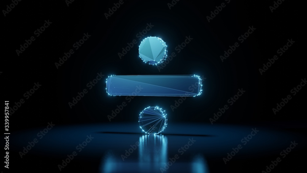 Aufkleber 3d rendering wireframe neon glowing symbol of divide on black background with reflection