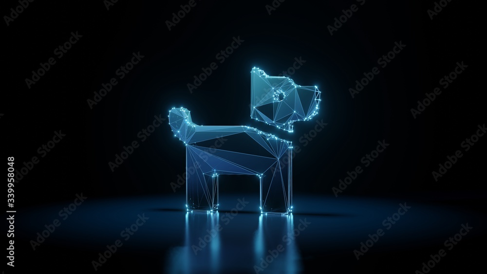 Aufkleber 3d rendering wireframe neon glowing symbol of dog on black background with reflection