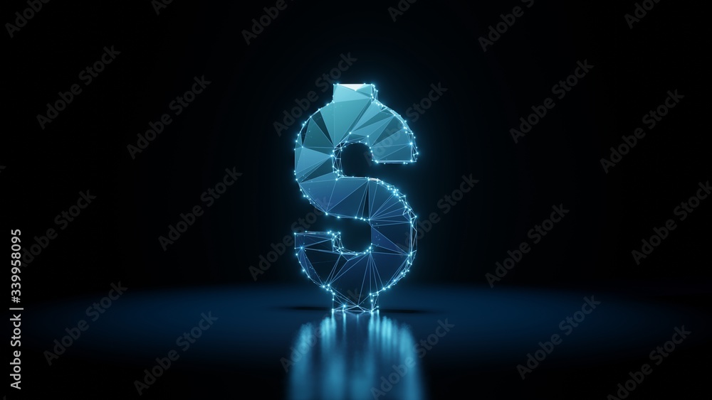 Aufkleber 3d rendering wireframe neon glowing symbol of dollar on black background with reflection