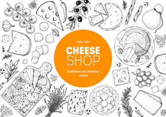 Cheese design template. Hand drawn sketch. Retro food background. Different cheese kinds banner. Dairy farm products cheese.