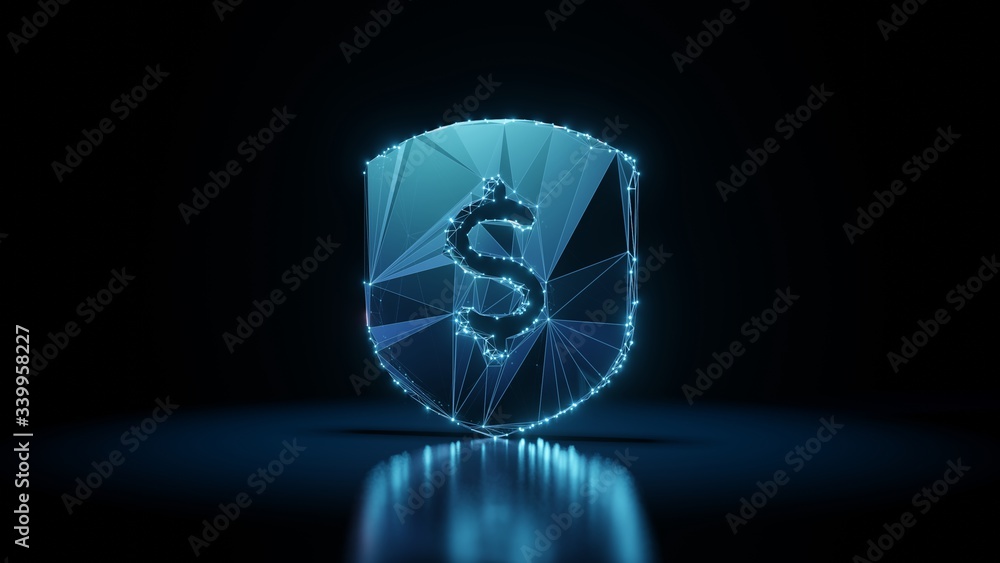 Aufkleber 3d rendering wireframe neon glowing symbol of dollar on black background with reflection