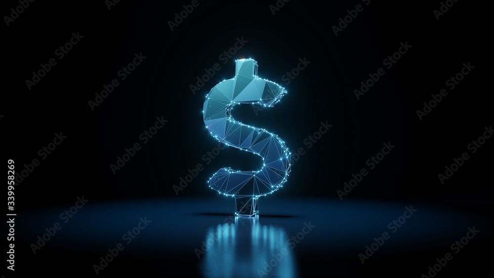 Aufkleber 3d rendering wireframe neon glowing symbol of dollar sign on black background with reflection