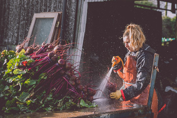 Female Farmer washing beetroot