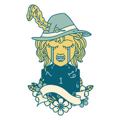 crying orc bard character with natural one D20 roll illustration