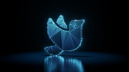 3d rendering wireframe neon glowing symbol of dove on black background with reflection