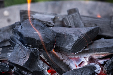 Fire burning in a fireplace. Charcoal and BBQ season.