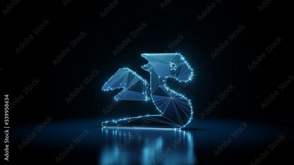 Poster 3d rendering wireframe neon glowing symbol of dragon on black background with reflection