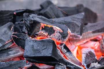 Fire burning in a fireplace. Charcoal and BBQ season.