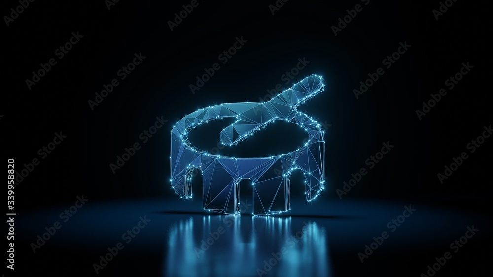 Poster 3d rendering wireframe neon glowing symbol of drum on black background with reflection