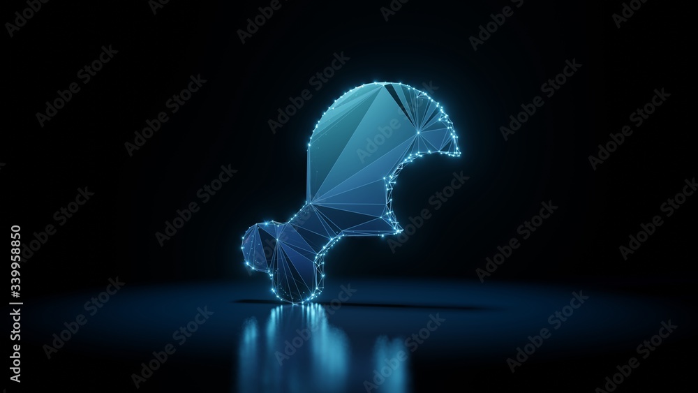 Poster 3d rendering wireframe neon glowing symbol of drumstick bite on black background with reflection