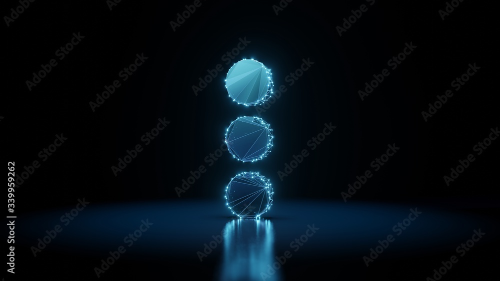 Poster 3d rendering wireframe neon glowing symbol of ellipsis vertical on black background with reflection