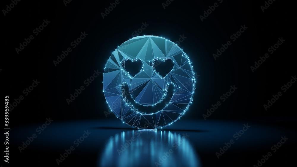 Poster 3d rendering wireframe neon glowing symbol of emoticons in love on black background with reflection