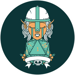 crying elf fighter character face with natural one D20 roll icon