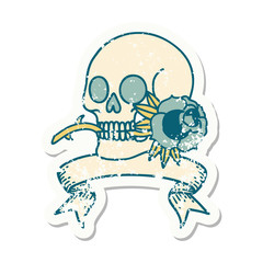 grunge sticker with banner of a skull and rose