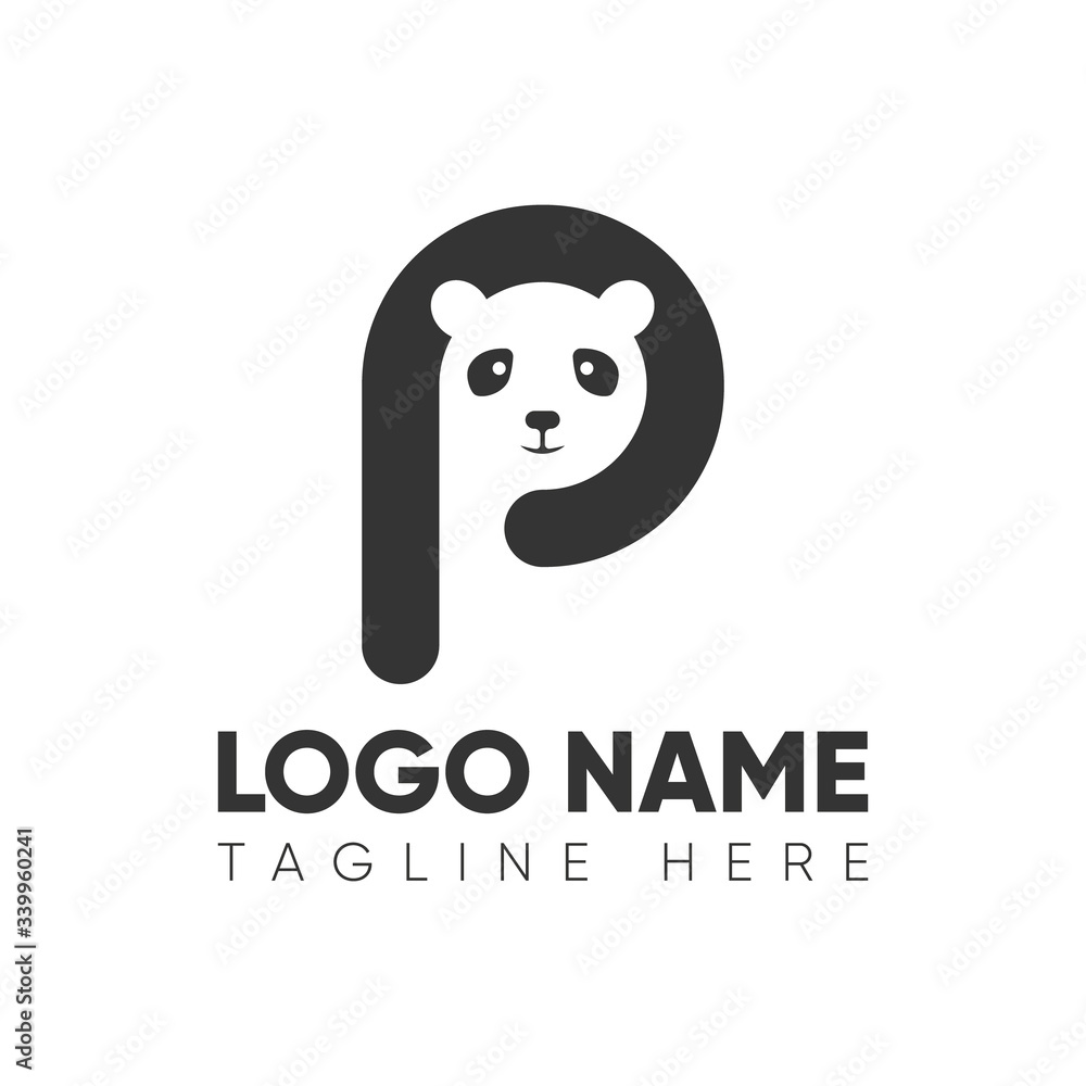 Wall mural P letter with panda vector logo design. P letter panda icon 